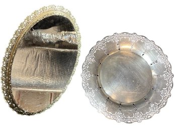 Silver Plate Footed Serving Platter & Oval Gold Toned Vanity Tray