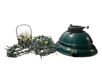 Christmas Tree Stand, White String Lights, Timers & Basket (Base.)
