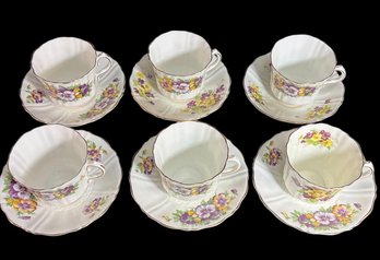 Old Royal Bone China Pansy Motif Teacups And Saucers 6pc
