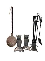 Cast Iron Owl Andirons, Fireplace Tool Set & Vintage Bed Warmer (L)