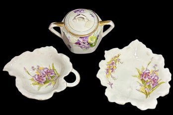 Carlsbad Austria Violet Floral Bowl And Dish & Hand Painted Nipon Porcelain Sugar Bowl