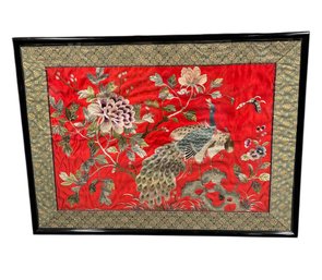 Chinese Embroidered Silk Peacock Scene Framed Wall Art