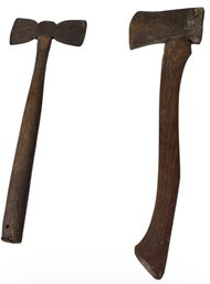 Primitive Double Bladed Wooden Handled Hatchet And One Headed Hatchet Pair (DR)