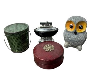Red Leather Box, Owl Figurine, Table Lighter & Green Bucket