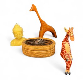Wooden Giraffes, Woven Trinket Box & Buddha Candle