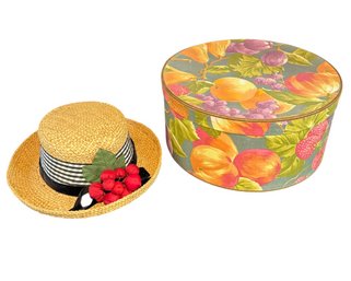 Womens Straw Boater Hat In Fruit Decorated Hat Box