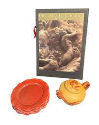 Bamboo Decorated Teapot, Frederick Hart Book & 4pc Red Plates