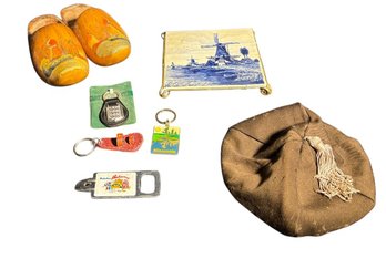 Decorative Clogs, Key Chains, Friars Hat, And Ceramic Plate
