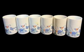 Japanese Porcelain Blue Chrysanthemum Floral Tea Sake Cups 6pc
