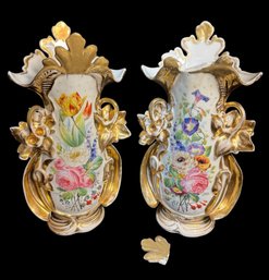 Old Floral Gilded Vase Pair