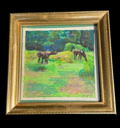 Horses Grazing Original Signed Painting In Small Gold Tone Frame