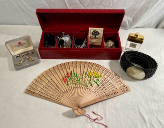 Fan, Danforth Stopwatch, Accessory Box, Cuff Links, Chanel No. 5 Bottle   (LR)