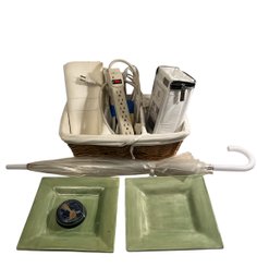 Tablecloth, Pottery Barn Plates, Umbrella, Queen Bedskirt, Extension Chords & Basket (L)