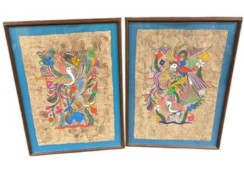 Mexican Folk Art Paintings Framed Pair