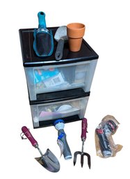 Two Drawer Plastic Utility Storage With Assorted Contents & Gardening Tools (K)
