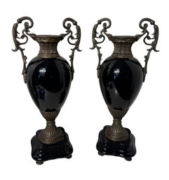 French Rococco Style Pair Of Ornate Handled Vases (BR1)