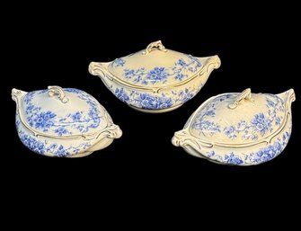Cliff English Lucerne Blue & White Covered Serving Dish Trio