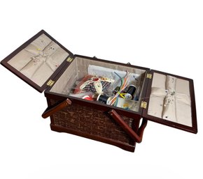 Wicker & Upholstered Sewing Basket Filled With Assorted Supplies (BR2)