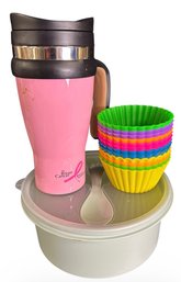 Trudeau Breast Cancer Research Foundation Travel Mug, Silicone Baking Cups, & On The Go Tupperware Container