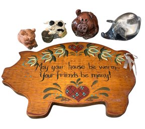 Wooden Pig Sign & Assorted Figurines 5pc (LR)