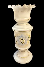 Blown Milk Glass Floral Painted Ruffled Vase