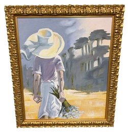 Woman With Flowers Original Painting In Ornate Gold Tone Frame
