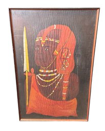 African Warrior With Spear Framed Textile Art