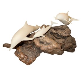 John Perry Dolphin Pod On Burlwood Sculpture