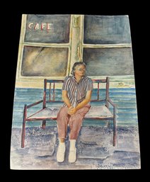 Old Woman At The Cafe Watercolor Painting
