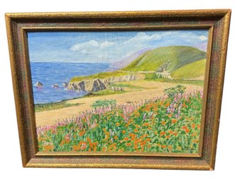 Edith Lewis Original Signed Mountainside Seascape Painting In Gold Tone Frame