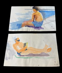 Lounging By The Pool Original Watercolor Painting Pair