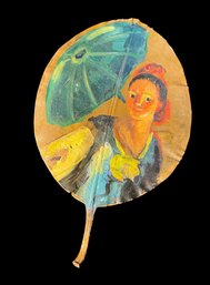 Woman With Umbrella Hand Painted On Leaf
