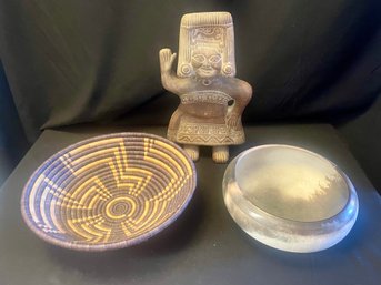 Vtg Mexican Figure, Ceramic Bowl, Basket