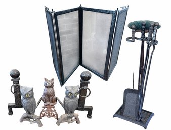 Cast Iron Fireplace Tools, Andirons, Log Holder & Screen (LR)