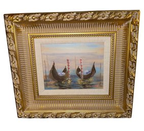 Venetian Boats Original Painting In Ornate Gold Tone Frame