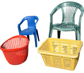 Vintage Landry Baskets And Plastic Chairs 6pc (o)