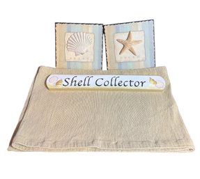 Nautical Seashell Wall Art, Shell Collector Sign & Sand Colored Table Runner