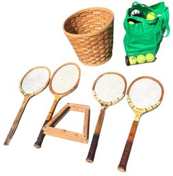 Vintage Wooden Tennis Rackets With Wood Press And Assorted Tennis Balls (o)
