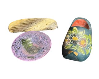 Kosta Boda Signed Glass Bowl, Wooden Dutch Clog & Reptile Skin Glasses Case