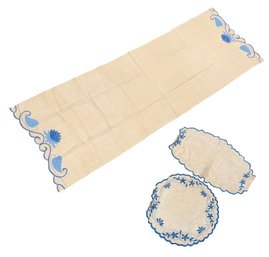 Blue Floral Embroidered Table Runner & Doilies 3pc