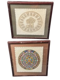 Mexican Aztec Calendar Framed Wall Art Pair