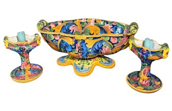 Italian Majolica Centerpiece Bowl & Candlesticks (LR)