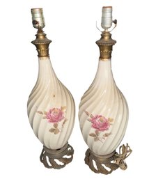 Old Twisted Floral Boudoir Lamp Pair On Brass Bases (B2)