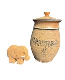 Minnesota Wild Rice Pottery Container & Glazed Elephant Figurine