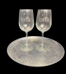 Brix Wine Glass Pair & Spanish Hammered Pewter Tray