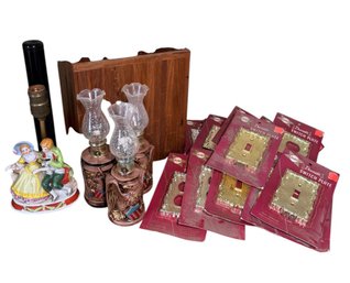 Bicentennial Oil Lamps, Colonial Desk Lamp, Gold Tone Wall Plates & More (BR1)