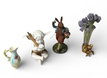 Cherub, Bunny Figurine And Small Vases