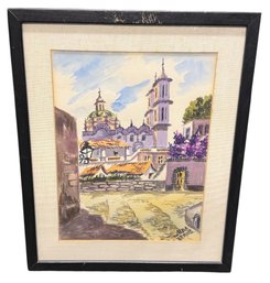 Taxco Mexico City Scene Framed Watercolor Signed Art