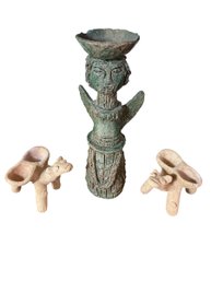Italian Terracotta Pottery Candle Stick Holder & Mexican Donkey Figurines 3pc(DR)