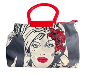 Isabella Fiore Black And White Portrait Tote Bag With Red Beading